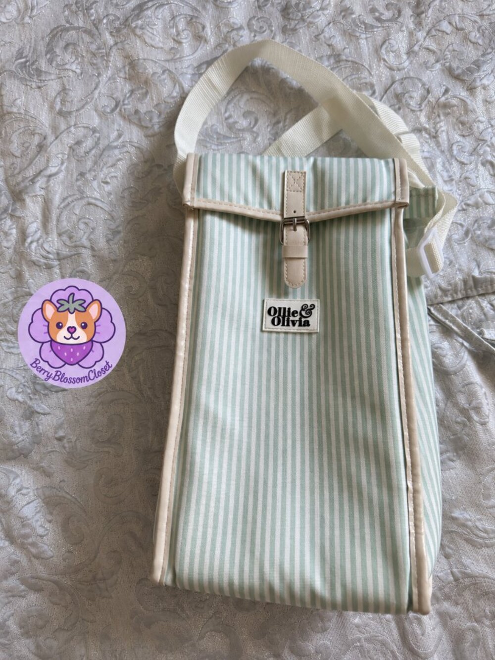 Ollie & Olivia Mint Green Striped Insulated Wine / Lunch Bag
